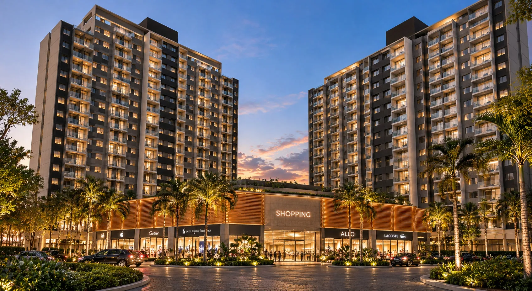 Fachada do Ilha Stay ao entardecer com as duas torres e o shopping no térreo