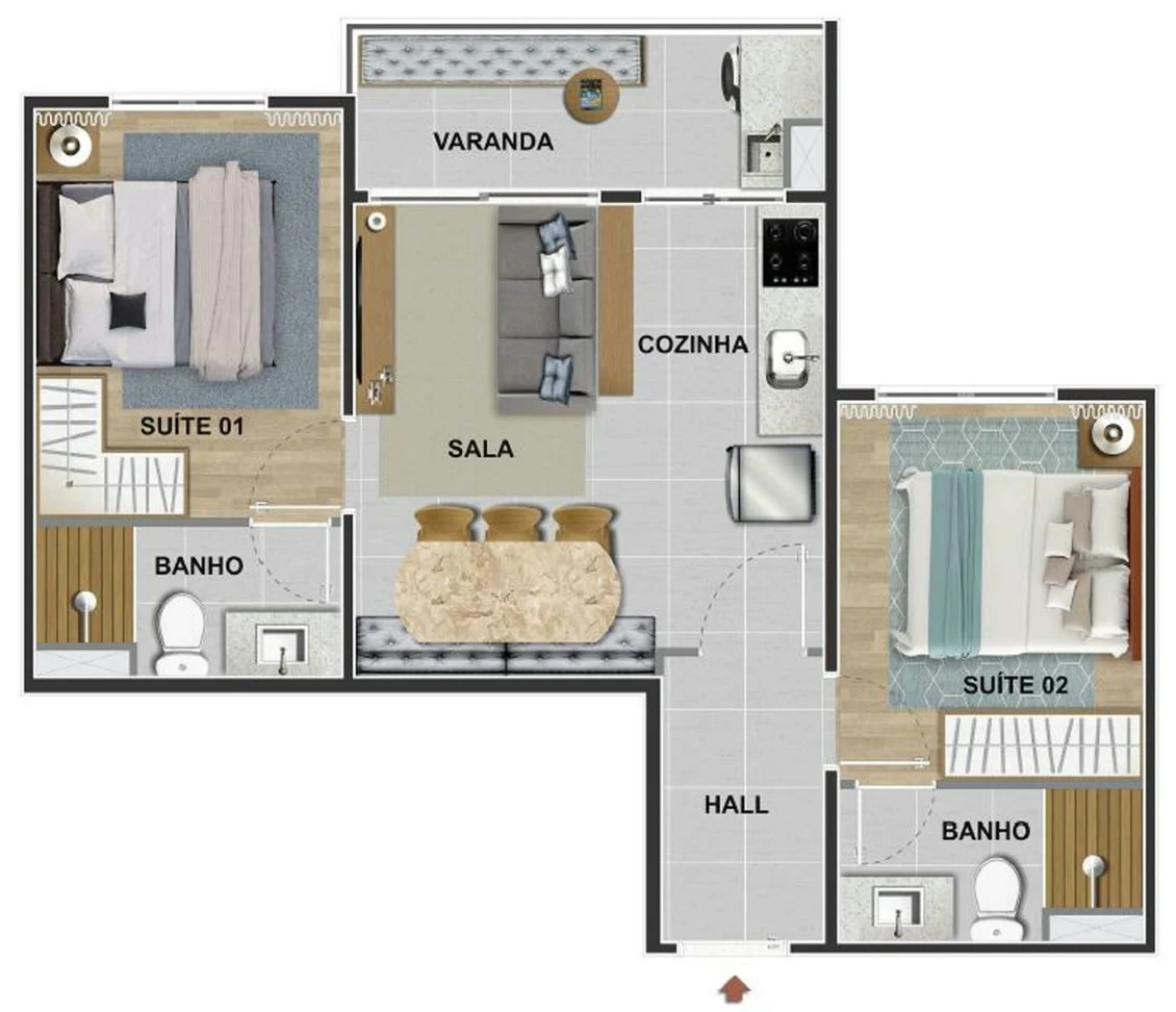 Planta da Double Suite com duas suítes independentes, sala, cozinha, varanda e hall