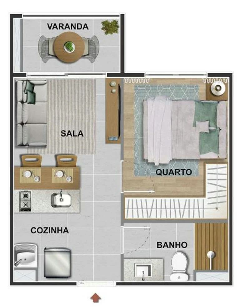 Planta do Studio com quarto, banho, sala, cozinha integrada e varanda