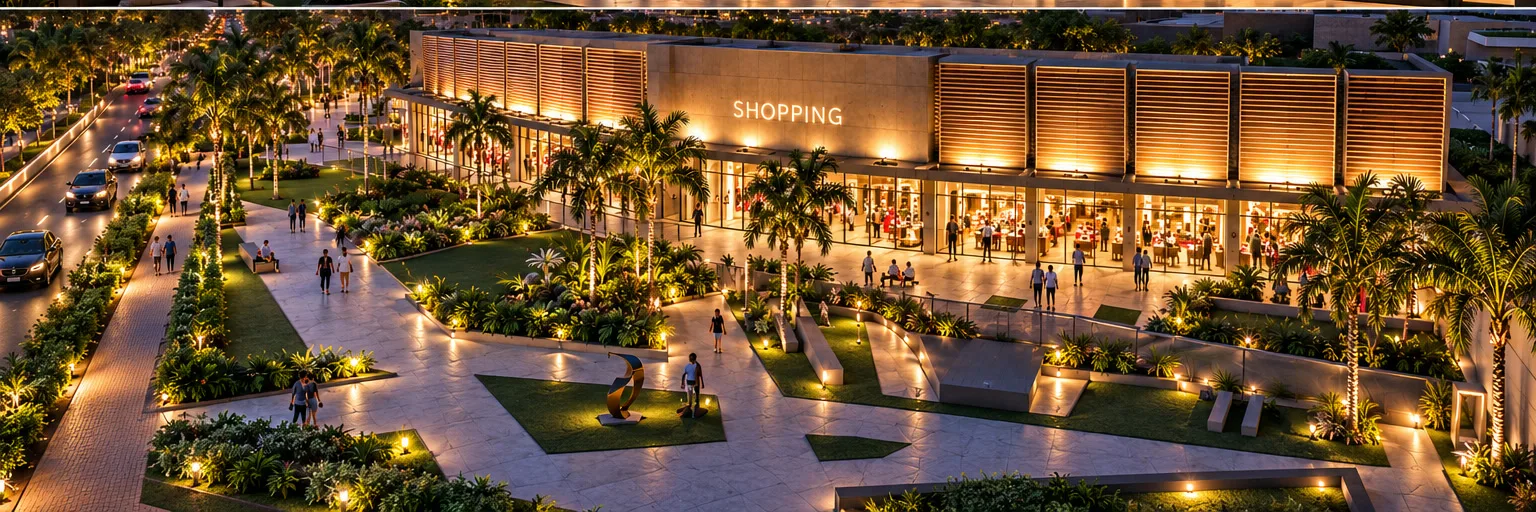 Praça paisagística iluminada em frente ao shopping